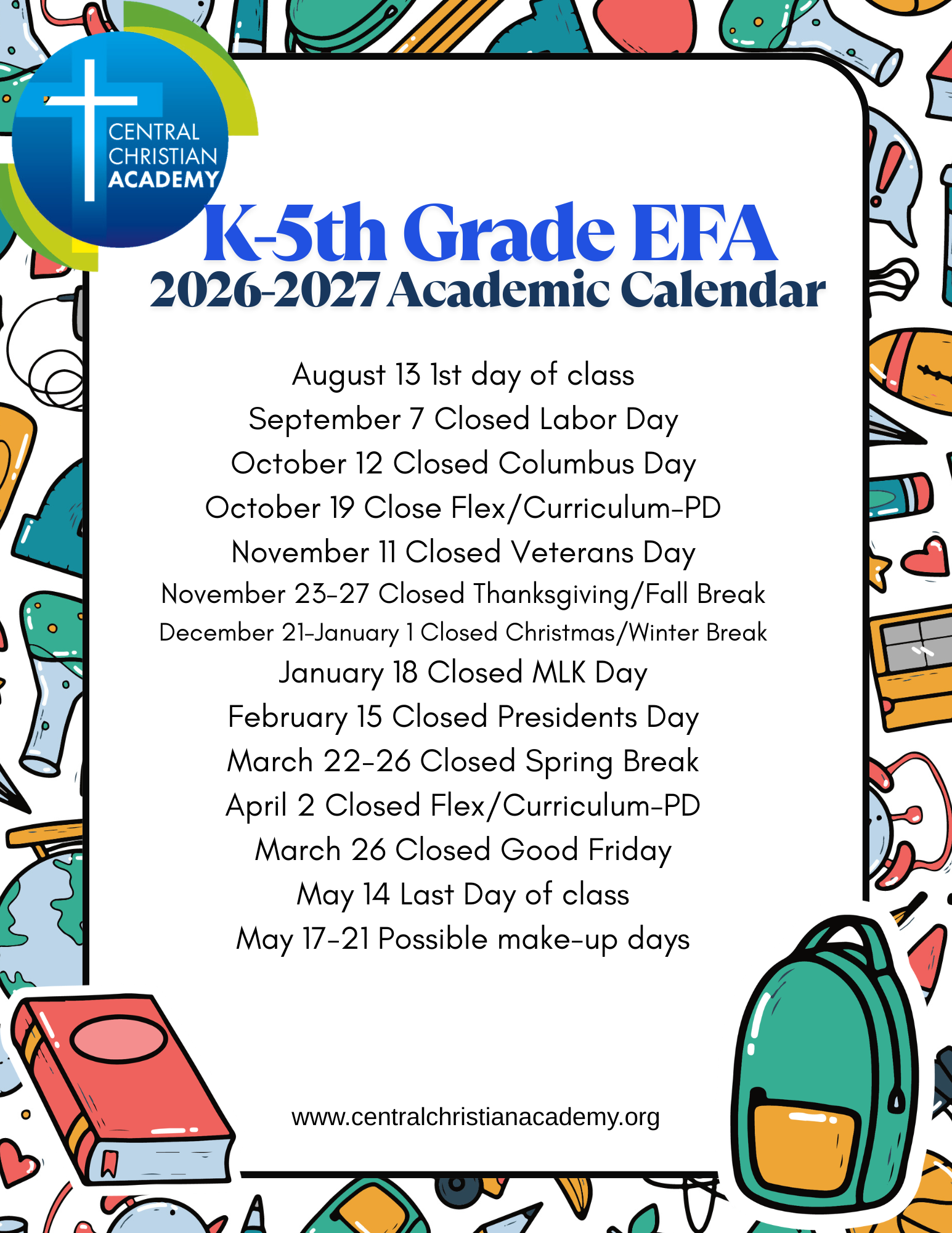 Central Christian Academy K–5th Grade EFA 2026–2027 academic calendar